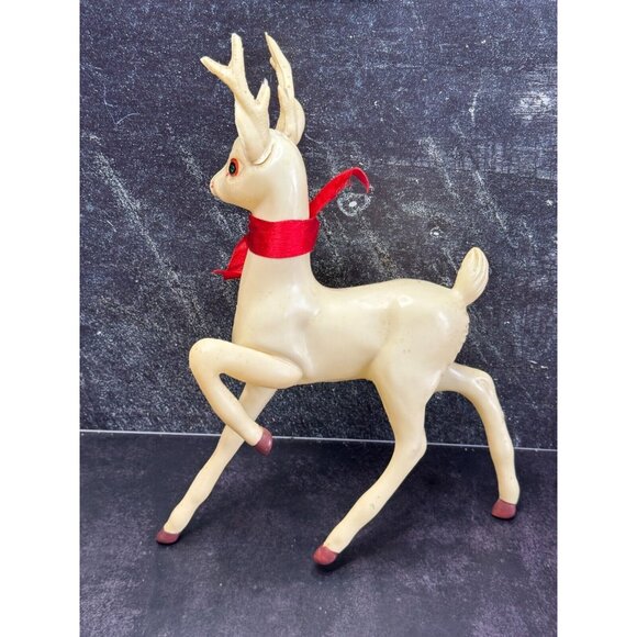 Vintage Large White Plastic Prancing Reindeer Pink Ears Mouth Midcentury 12" - Picture 10 of 12